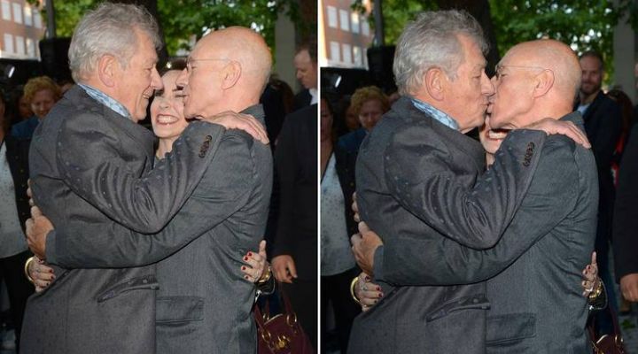 Ian McKellen and Patrick Stewart kissing each other in the premiere of "Mr. Holmes".
